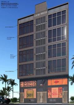 Commercial building with shopfronts, signed Anum Tower