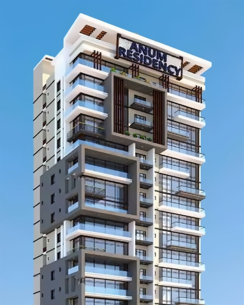 Anum Residency, a high-rise residential tower with glass balconies and the Anum Residency sign on the roof