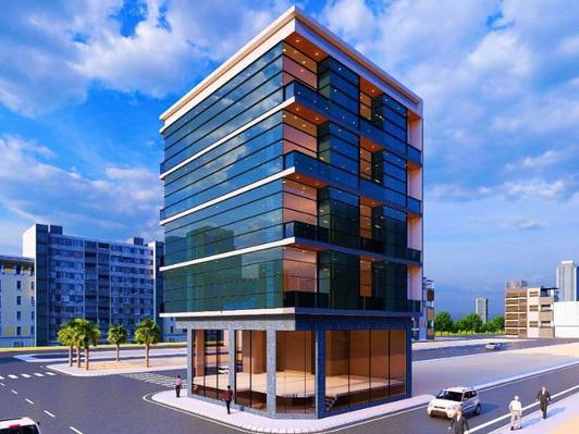 Glazed corner commercial building